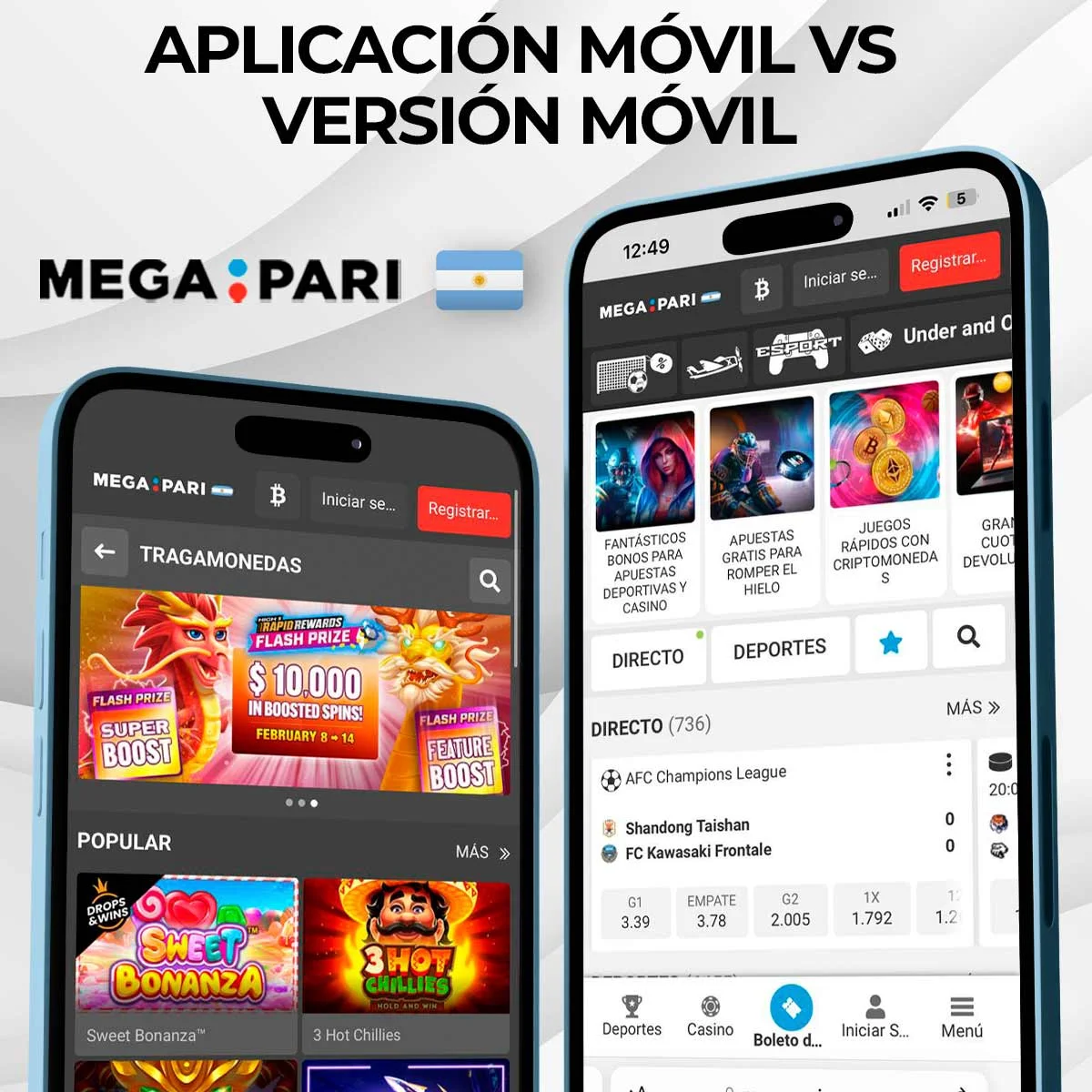 Comparación entre el sitio web móvil de Megapari y la aplicación móvil de Megapari